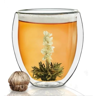 Immagine di Creano vetro termico a doppia parete XXL per caffè/tea extra large resistente al calore un grande regalo 400ml incl. fiori di tè