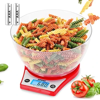 Immagine di Duronic KS6000 RD Bilancia da cucina ad alta precisione Display digitale retro illuminato Portata 1g / 5 kg con ciotola 2 L Piattaforma nera Funzione Tara Ideale per e pasticceria