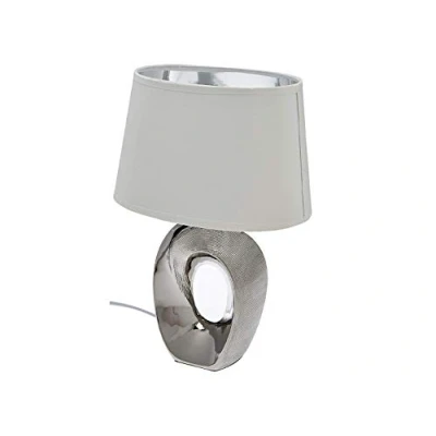 Immagine di Grande lampada da tavolo con paralume ovale in tessuto, bianco, argento, altezza 52 cm