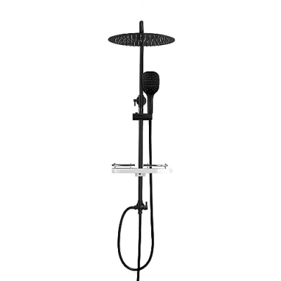 Immagine di Görbach Colonna Doccia idromassaggio Nero in INOX 304 Soffione Senza Miscelatore Set a Pioggia con Doccetta e Mensola,Soffione (D30cm)
