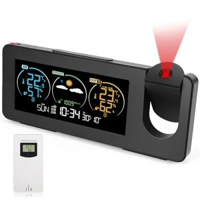 Immagine di Gerbala Stazione Meteo con Sensore Esterno, Wireless Meteorologica Proiettore, Display a Colori, Previsioni del Tempo, Barometro, Sveglia, Termometro, Igrometro, Uso Interno ed Esterno