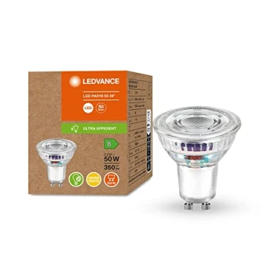 Immagine di LEDVANCE Lampada a risparmio energetico, riflettore PAR16, GU10, bianco caldo (3000K), 2,1 watt, sostituisce la lampadina da 50W, altamente efficiente e confezione 6