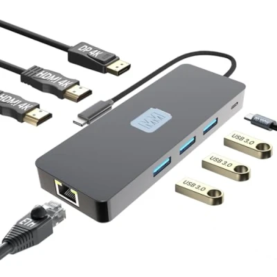 Immagine di MMOBIEL Hub USB C a Doppia Porta HDMI e DisplayPort 4K@60Hz, 100W Power Delivery, 3x 3.0, ETH 1000Mbps Docking Station 8 Adattatore Quadruplo Display Multiport per Laptop, Tablet ecc