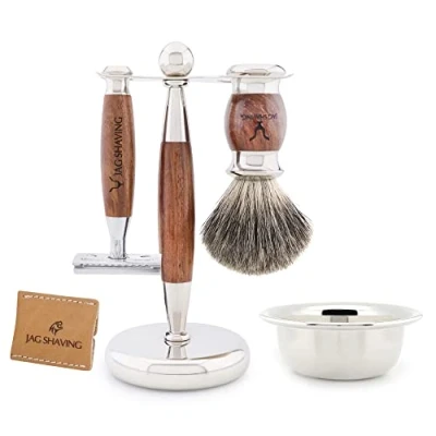 Immagine di Jag Shaving Germany, set da rasatura JAG&#039;s LEE Range 5 pezzi, pennello barba con setole di tasso, rasoio a doppio bordo e supporto per rasoio, custodia in pelle legno