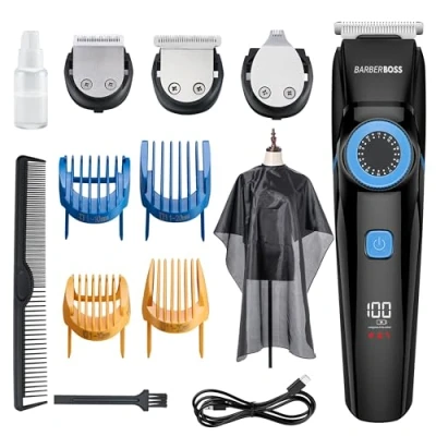 Immagine di BarberBoss Professional 3 in 1 kit per capelli, barba e dettagli, la toelettatura maschile con manopola di controllo precisione, lame taglio, luce ricarica, QR 6087