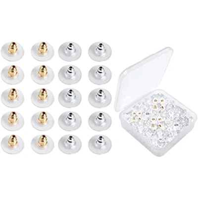 Immagine di 200 PCS Chiusure per Orecchini Silicone, Universale Orecchini,Ricambi Fermaorecchini, Proiettile Frizione Orecchino in Gomma Fai da Te(Oro, Argento)