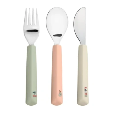 Immagine di LÄSSIG Set di posate per bambini 3 pezzi forchetta, cucchiaio, coltello in acciaio inox con manico silicone/Cutlery with Silicone Handle Happy Fruits Cherry
