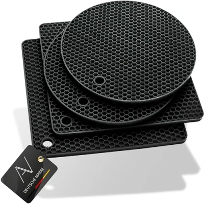 Immagine di AVANA Set di 4 sottobicchieri in silicone alta qualità, multifunzionali, resistenti al calore, lavabili lavastoviglie, antiscivolo, motivo a nido d&#039;ape (2 rotondi, 2 quadrati), colore nero