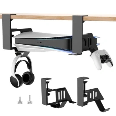 Immagine di WYYHAA Supporto orizzontale regolabile per PS5 con 2 supporti rimovibili controller, base in acciaio compatibile Playstation 5 Disc e Digital Editions