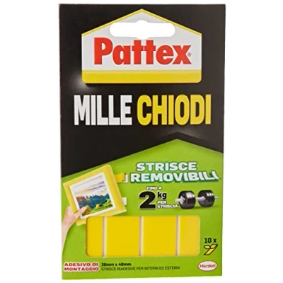 Immagine di Pattex Millechiodi Tape removibile, Nastro Biadesivo extra forte in strisce, per muro Strisce adesive multisuperficie, 1 Confezione da 10 Pezzi