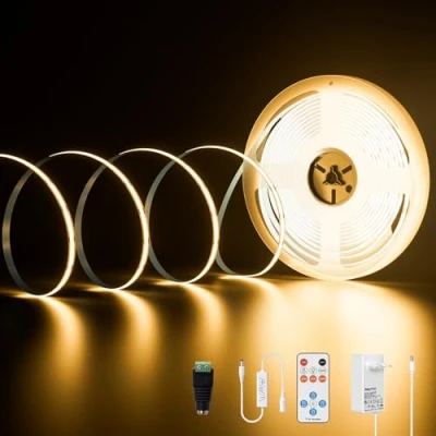 Immagine di PAUTIX Kit Striscia LED COB 10M Bianca Calda 2700K, Dimmerabile 480LEDs/M DC24V LED,Kit luce Nastro ad alto Lumen con funzione Timer Remoto RF e Alimentatore per illuminazione domestica