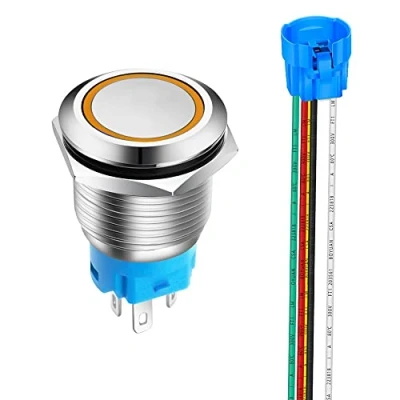 Immagine di Gebildet 19mm Pulsante Momentaneo in Acciaio Inossidabile, 12V 24V 5A LED 1NO1NC SPDT ON Off Temporaneo Bottone Impermeabile con Spina a Filo (LED Arancia)
