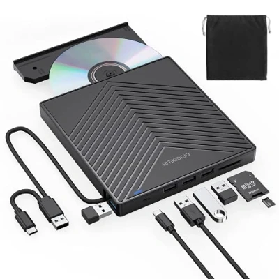 Immagine di ORIGBELIE External CD DVD Drive, Ultra Slim Burner USB 3.0 with 4 Ports and 2 TF/SD Card Slots, Optical Disk Drive for Laptop Mac, PC Windows 11/10/8/7 Linux OS