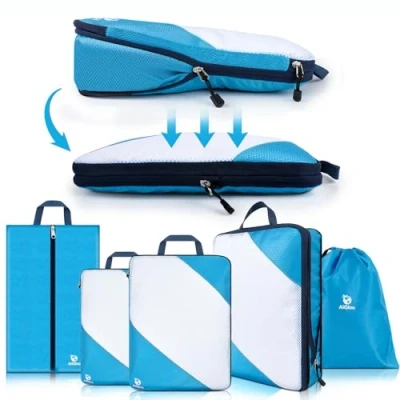 Immagine di AiQInu Organizer Valigia 5 Pezzi Set, Compressione Packing Cube Salvaspazio Espandibile Ultraleggero Viaggio per i Vestiti,Scarpe,Intimo Set da Zaini o Bagagli a Mano