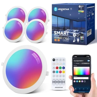 Immagine di Aigostar 18W Faretti LED da Incasso per Cartongesso, Intelligente Faretto Interno Bluetooth Mesh Compatibili con Alexa, Dimmerabile RGB e Bianco Caldo a 2700K 6500K, Ф200 220mm, 4 unità