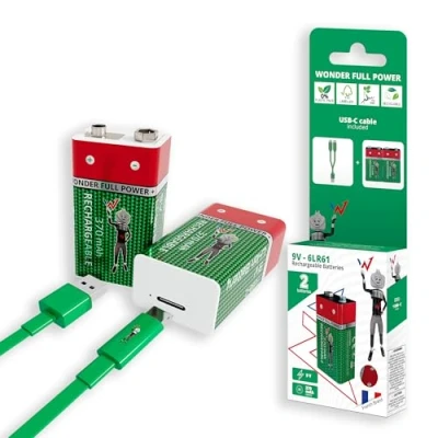 Immagine di Wonder Full Energy batterie 9V / 6LR61 ricaricabili tramite USB C Cavo incluso, lunga durata, 9V, 3600mWh, 370 mAh, confezione da 2