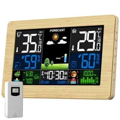 Immagine di Stazione Meteo con Sensore Esterno, Barometro Digitale LCD Wireless a Colori DCF, Sveglia, Fase Lunare, Previsioni Meteo, Retroilluminazione Regolabile