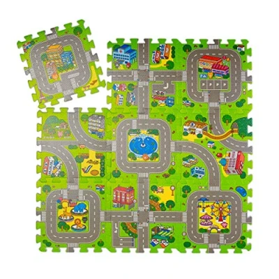 Immagine di Relaxdays Tappeto Puzzle con Immagine di Una Strada, per Bimbi, 9, Atossico, Gommapiuma Eva, 90x90 cm, Colorato, Multicolore, Set da 9X tasselli