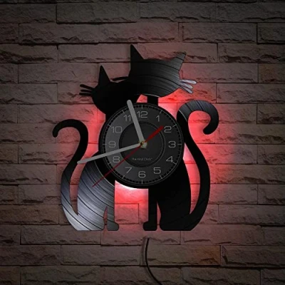 Immagine di Smotly orologio da parete in vinile, con design per amanti dei gatti, funzione luce notturna a LED, decorazione creativa regalo.