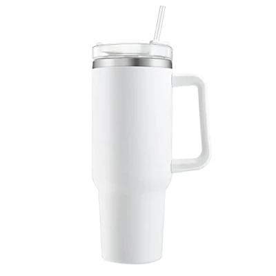 Immagine di Tazza da viaggio isolata sottovuoto in acciaio inossidabile, Termica Bottiglia d&#039;acqua 40 once con manico e cannuccia, a prova di perdite Curry Bianco