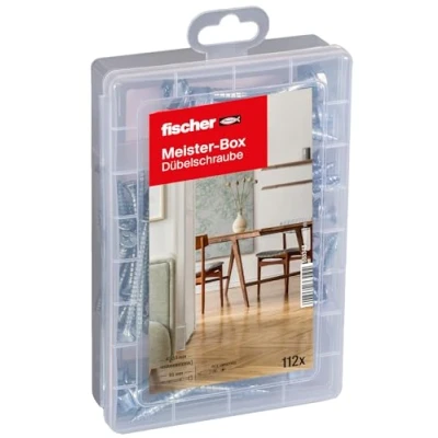 Immagine di fischer Meister BOX 553348 Viti per tasselli, confezione assortita, con 112 viti, adatte a molti, tasselli (DUOPWER e DUOBLADE), set universale il fissaggio
