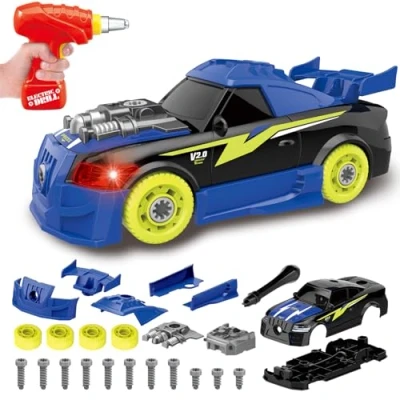 Immagine di Pup Go Prendere A Parte Auto Sportiva da Corsa per Bambini 3+ Anni, 26 Pezzi con Trapano Elettrico Simulazione, Suono Realistico e LED, Giocattolo Ragazzi(Blu)