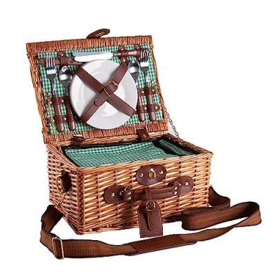 Immagine di eGenuss Cestino da picnic in vimini per 2 Persone con tracolla rimovibile, scomparto frigo e accessori inclusi VERDE