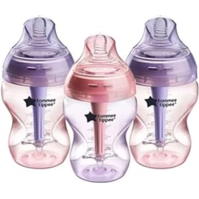 Immagine di Tommee Tippee Biberon anti coliche avanzate, 260 ml, tettarella a flusso lento simile al seno per un fermo naturale, bacchetta colica tripla ventilazione, confezione da 3, viola/rosa