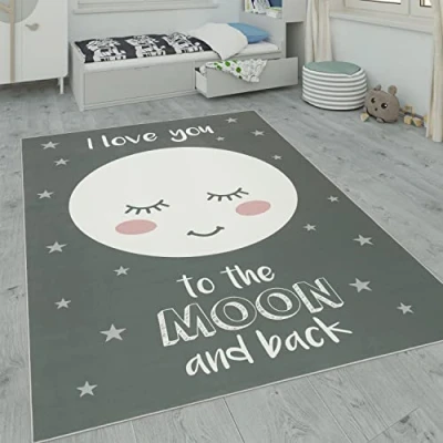 Immagine di Paco Home Tappeto per i Bambini, la Camera dei Bambini con Stelle, Luna e Motivi a Quadri, Dimensione:80x150 cm, Colore:Grigio 2