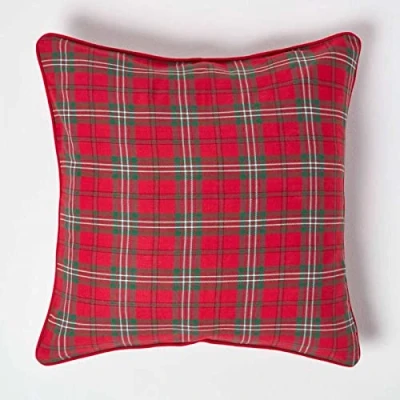 Immagine di Homescapes federa per cuscino Edward, 45 x cm, decorativa in 100% cotone con motivo tartan scozzese e chiusura lampo, rosso verde