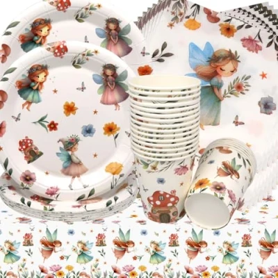 Immagine di Doyomtoy Ragazza Stoviglie per Feste,61 Pezzi Fiori di fata Compleanno Decorazioni Piatti Compleanno, Tazze, Tovaglioli Bambini Farfalla