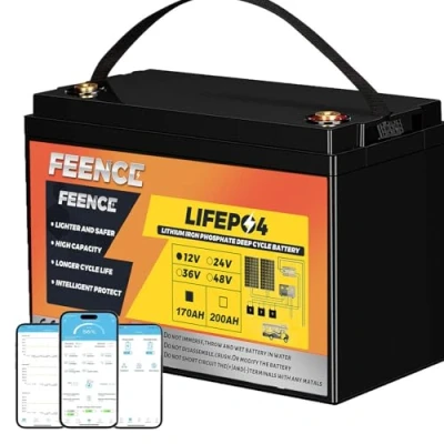 Immagine di FEENCE LiFePO4 160 Ah Bluetooth, batteria al litio 12 V con protezione BMS a bassa temperatura e max. 15000 cicli, 2048 Wh per camper, barca, pannello solare