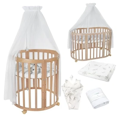 Immagine di Lettino Mobile Waldin 7in1, Materasso, Culla Espandibile, Ventilato, Base Regolabile 5 Posizioni, Set Completto, Legno Naturale, Tessuti Rami Bianco