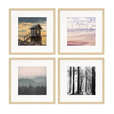 Immagine di PHOTOLINI Set di 4 cornici per poster 30x30 cm con passe partout 20x20 legno MDF naturale, plexiglass infrangibile, da parete, accessori inclusi foto, immagini e
