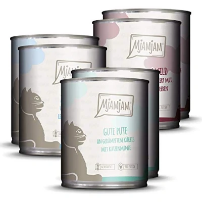 Immagine di MjAMjAM Cibo umido premium per gatti, pacchetto mix II, pollo e zucca, tacchino, anatra pollame, confezione da 6 (6 x 800 g), senza cereali con carne extra