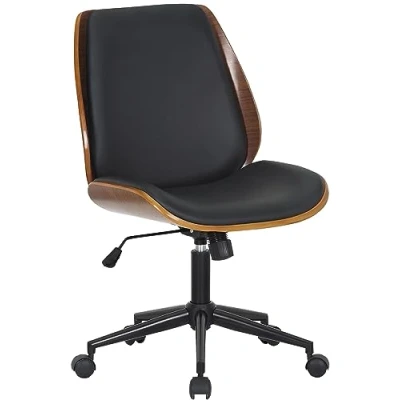 Immagine di CLP Mitch Sedia da ufficio I Con sedile in legno e funzione basculante scrivania regolabile altezza su ruote, Colore:noce/nero, Colore del telaio:nero