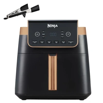 Immagine di Ninja MAX PRO Friggitrice ad Aria, Scomparto Singolo da 6,2L, Cottura Senza Olio, Formato Famiglia, Antiaderente, Cestello e Piasta per Frittura Lavabili in Lavastoviglie, Pinze, Nero/Rame, AF180EUCP