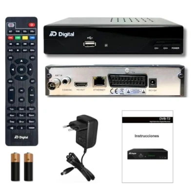 Immagine di decoder digitale terrestre 2024, DVB T2, Full HD DTT H265+ 10bit, FTA DM Digital, TV, USB, HDMI, LAN, SCART, USB WiFi Support, telecomando universale IR 2in1, Nero (HD H.265 LAN)