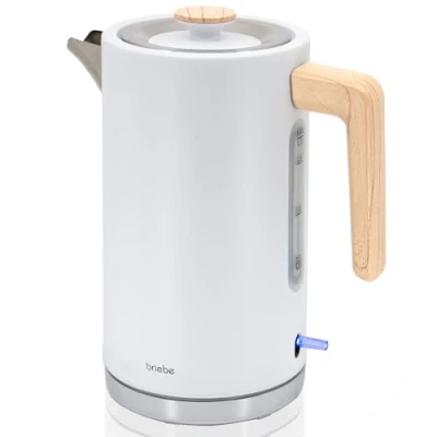 Immagine di briebe Nordic Bollitore Elettrico 1,7L, Teiera Elettrica Infusione 2200 W, Ebollizione Rapida, senza BPA, Base 360, Controller Strix, Spegnimento Automatico, Design Nordico Effetto Legno, Bianco