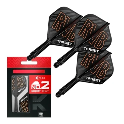 Immagine di Target Darts Raymond Van Barneveld K Flex Voli e Sistema d&#039;asse, No.2 (Corto, 19mm) Confezione da 3 Kflex all in One Flights, Accessori per Freccette Player Edition Attacco Manubrio Dart