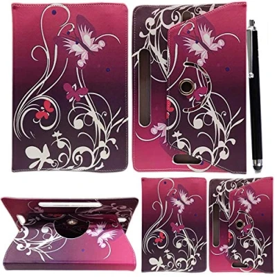 Immagine di Custodia per tablet da 10&quot; universale in pelle con supporto magica, girevole a 360, adatta tutti i e 10,1&quot; pollici + penna stilo (viola farfalla)