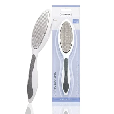 Immagine di TITANIA Softtouch Raspa per piedi con Lima (grossa e fine) Griglia ergonomica calli double face Made in Germany Piedino antiruggine (22 cm)
