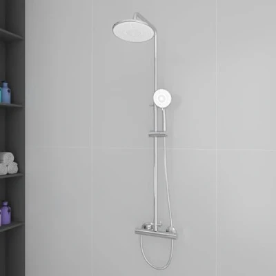 Immagine di Plumbsys Colonna per doccia Termostatica 38℃，Soffione rotondo da 9,5 pollici,dotata di doccetta, tubo flessibile 1,5 m, altezza regolabile, antiscottatura, set cromo