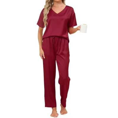 Immagine di Pigiama da Donna in Raso Set Seta Pigiami Due Pezzi a Maniche Corte Scollo V e Pantaloni Lunghi Camicia Notte Morbido Comodo S XXL
