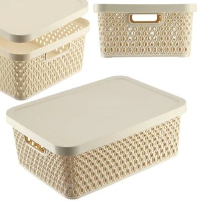 Immagine di KADAX Cesto portaoggetti con coperchio, contenitore in plastica, fori di ventilazione (12 l, beige)
