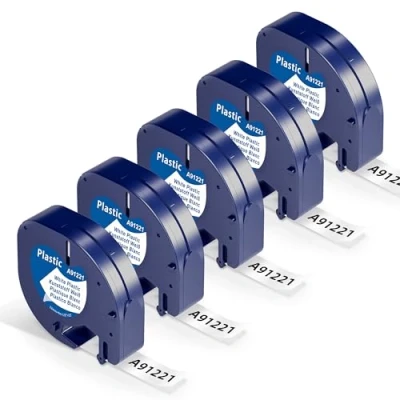 Immagine di Nastro per Etichette Wonfoucs Compatibile con Dymo LetraTag 12mm x 4m 91221 S0721610 Nero su Bianco LT 100H 100T 110T QX 50 XR XM 2000, Confezione da 5