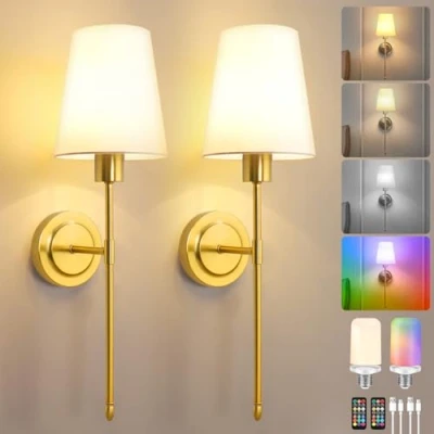 Immagine di Gaethra Applique da Parete Interno Ricaricabile USB, E27 Lampade Senza Corrente, Lampada Fili Dimmerabile RGB con Telecomando, per Scale, Corridoio, Soggiorno, Camera Letto, 2 Pezzi