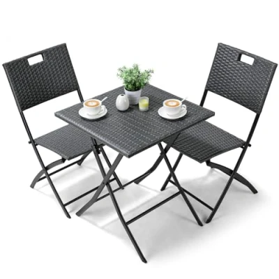 Immagine di set di mobili da giardino bistro, 3 pezzi, balcone in rattan, balcone, 1 tavolo pieghevole e 2 sedie, pieghevole, rattan sintetico, per