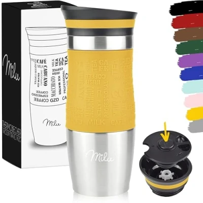 Immagine di Milu Tazza Termica da viaggio per caffè 370ml 450ml 100% a Prova di perdite Isolata e tè portare via bere in acciaio inossidabile Caldo freddo (Mango, 370ml)