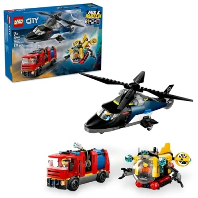 Immagine di LEGO City 3in1 Elicottero, Autopompa e Sottomarino Giocattolo Combinabile con Veicoli da Costruire 3 Minifigure, Giochi Modulari per Bambini Bambine 7 Anni, Idee Regalo di Compleanno 60462